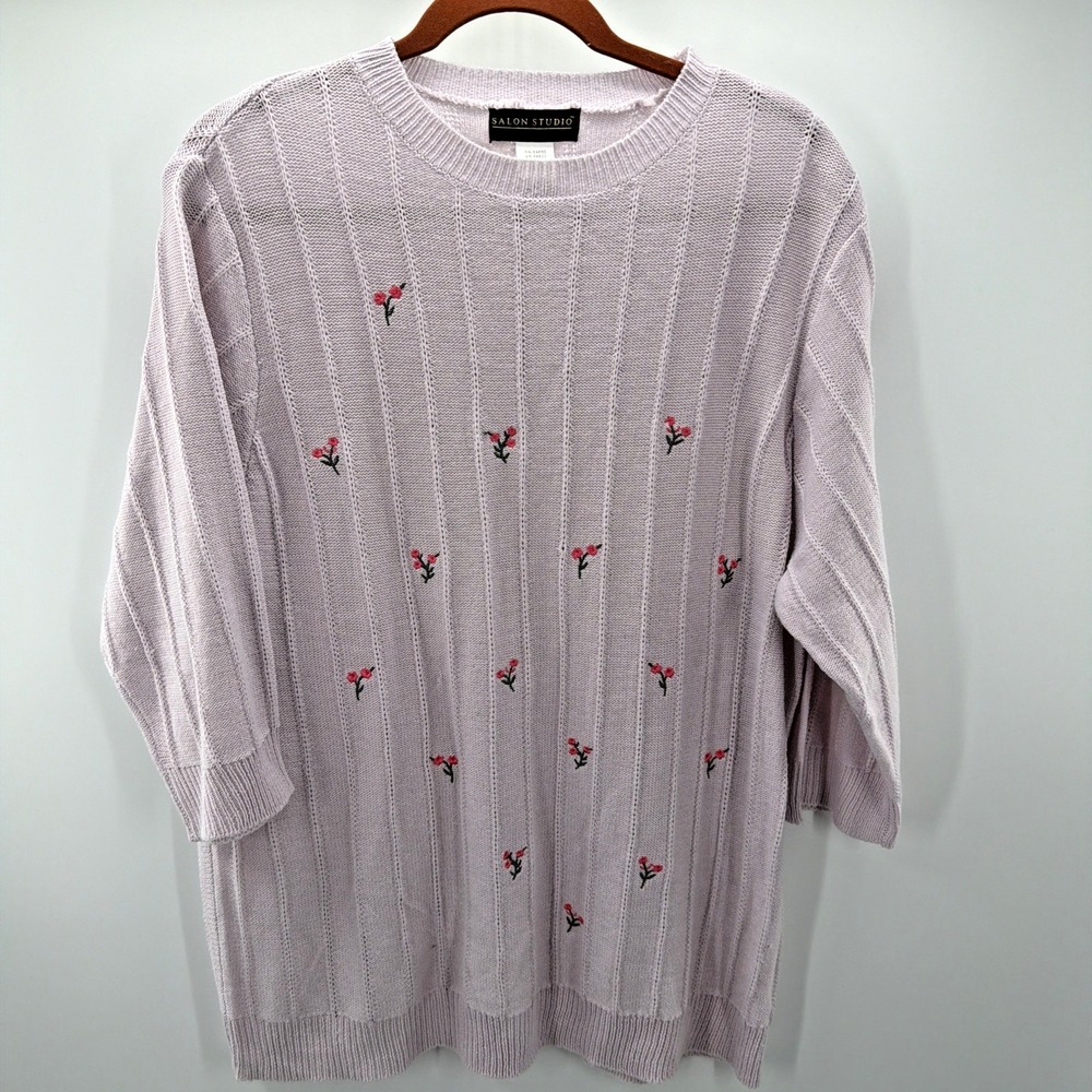 Salon Studio Sweater Embroidered Floral Knit Relaxed Crew Carnation Coquette XL
